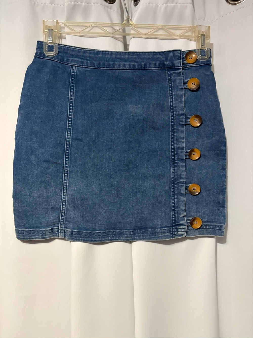 Free People Blue Denim Mini Skirt with Side Button Detail